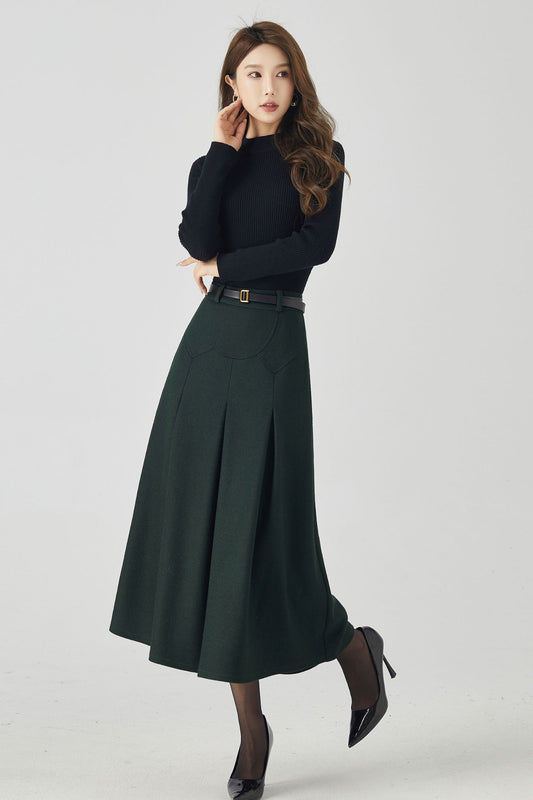 Dark Green Wool Midi Skirt – Vintage High Waist A-Line Winter Skirt with Pockets 4532