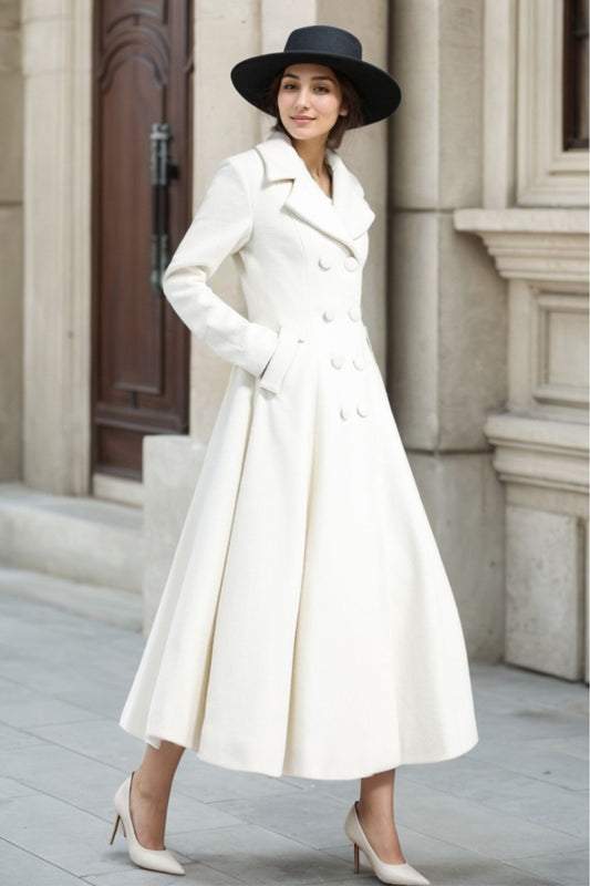 White Wool Maxi Coat – Vintage Double Breasted Long Winter Overcoat 3235