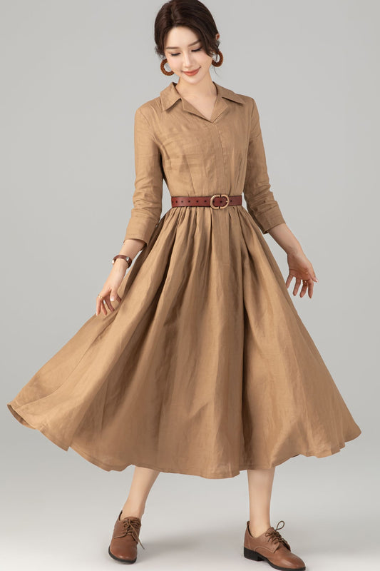 Linen midi khaki Shirt dress women 5707