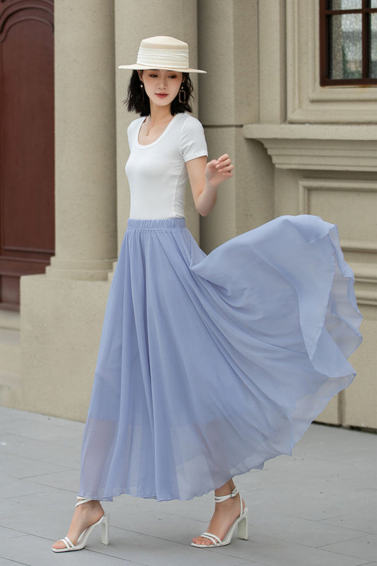 Handmade Light Blue Chiffon Midi Skirt – Flowing A-Line Swing with Elastic Waist 5110