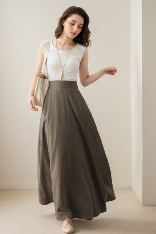Beige Linen Cotton Maxi Skirt - High Waist A-Line Silhouette 5136