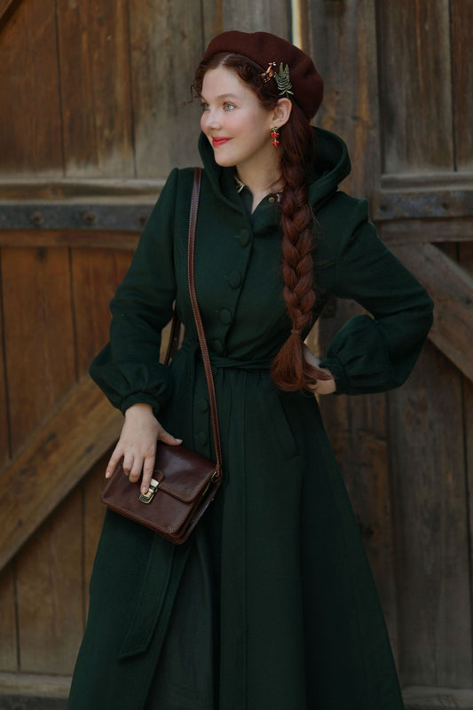 Dark Green Wool Blend Coat – Handmade Hooded Vintage Winter Elegance 3870