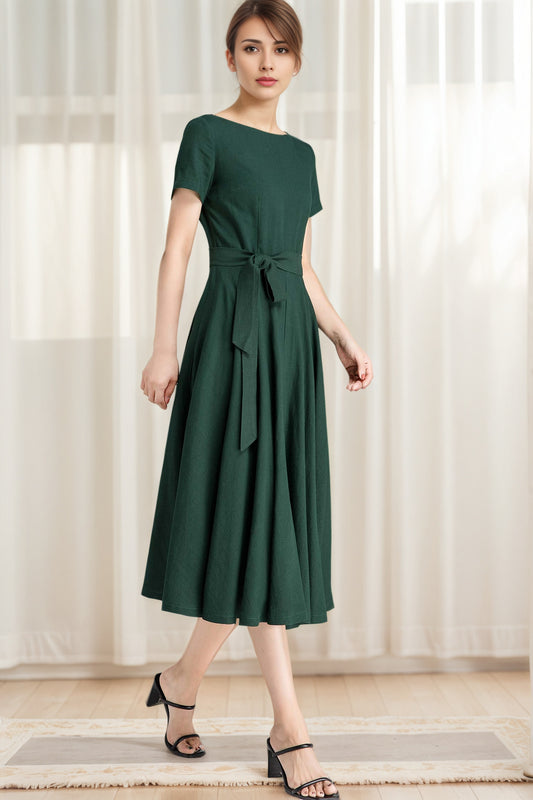 Dark Green Linen Fit and Flare Dress – Boat Neck Midi with Pockets 6626