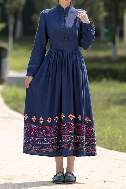 Blue Cotton Linen Midi Dress - Fitted Waist with Pockets 4820