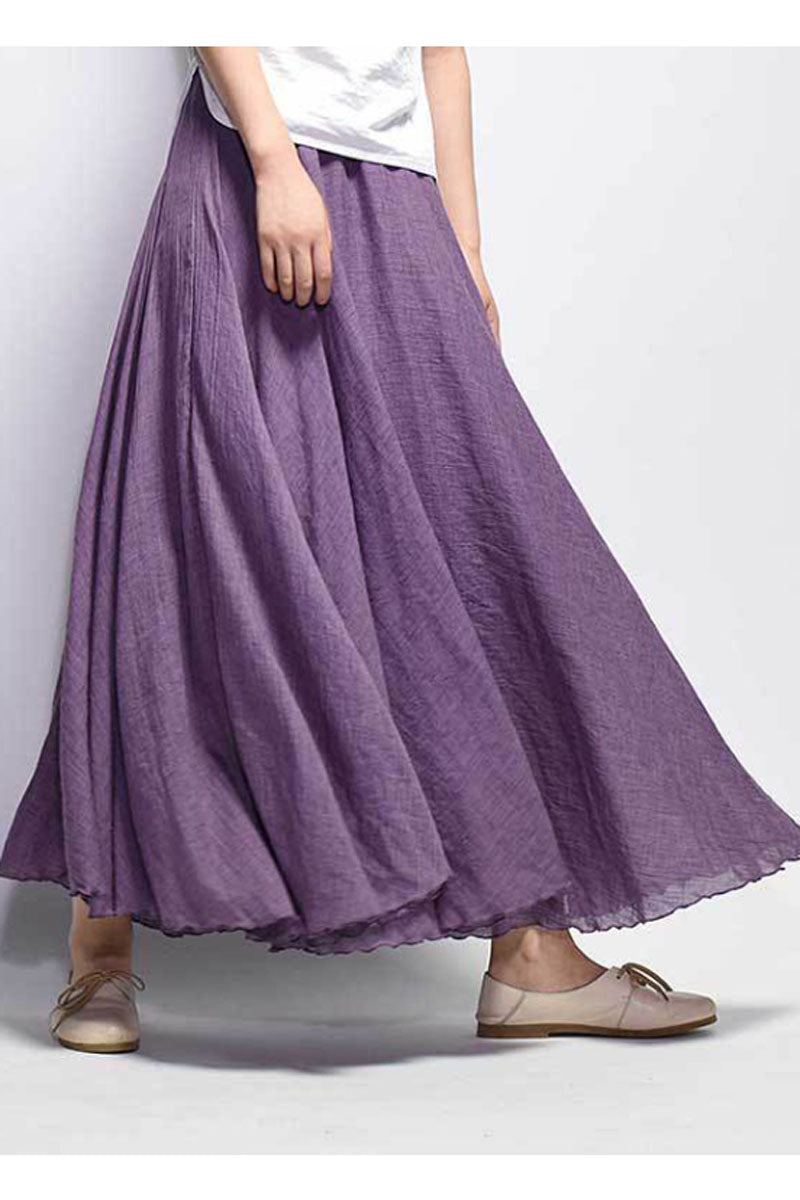Purple Linen Maxi Skirt - Pleated Swing, Elastic Waist 4327