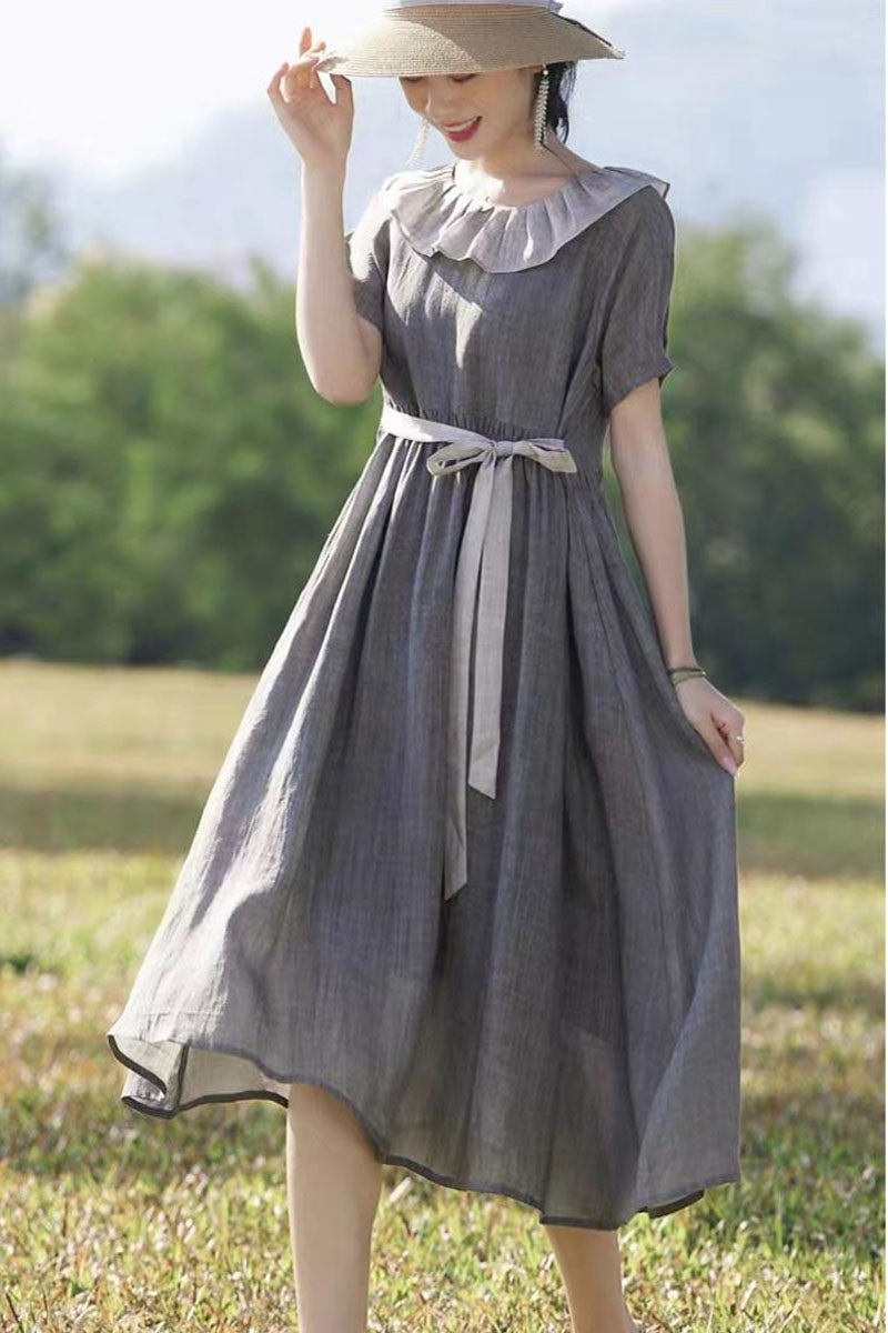 cotton linen ruffle dress Lavender Cotton Linen Ruffle Midi Wrap Dress 60" / Regular (5'2"