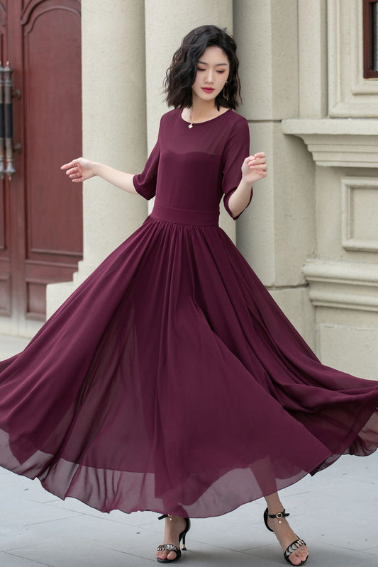 Fit and flare burgundy prom maxi chiffon dress 5113
