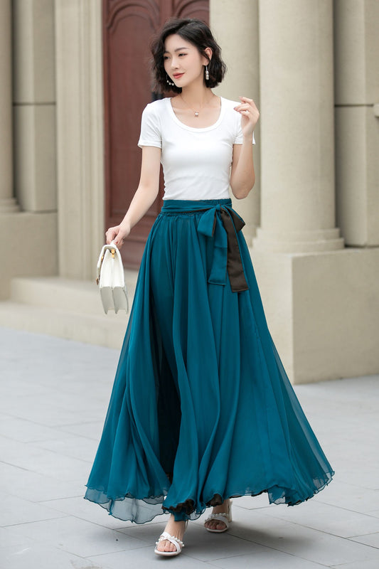 Reversible Chiffon Maxi Skirt – Two-Tone Swing Circle Skirt for Summer 5171