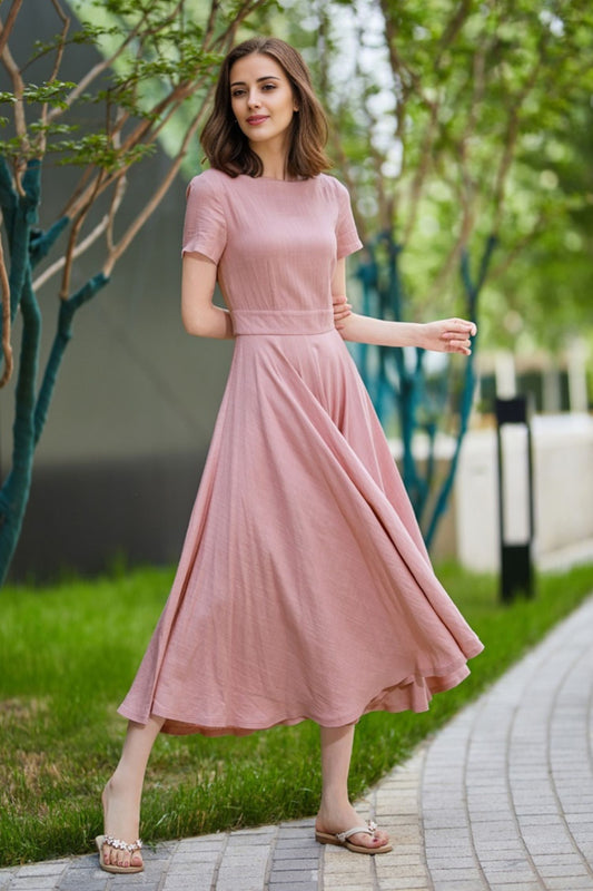 Summer womens Pink Linen Midi swing dress 5824