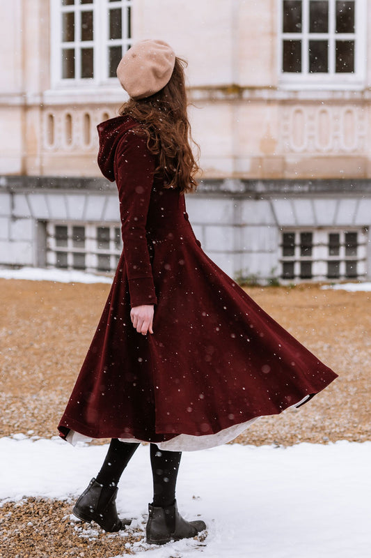 Burgundy Hooded Wool Coat – Romantic Fit & Flare Winter Midi | Xiaolizi 3424