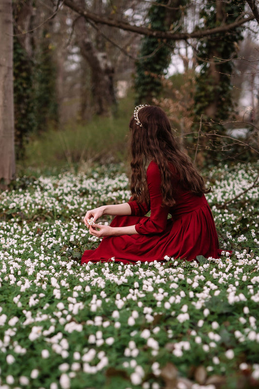 Wine Red Linen Midi Dress – Handmade Vintage Elegance for Timeless Wardrobe 3423