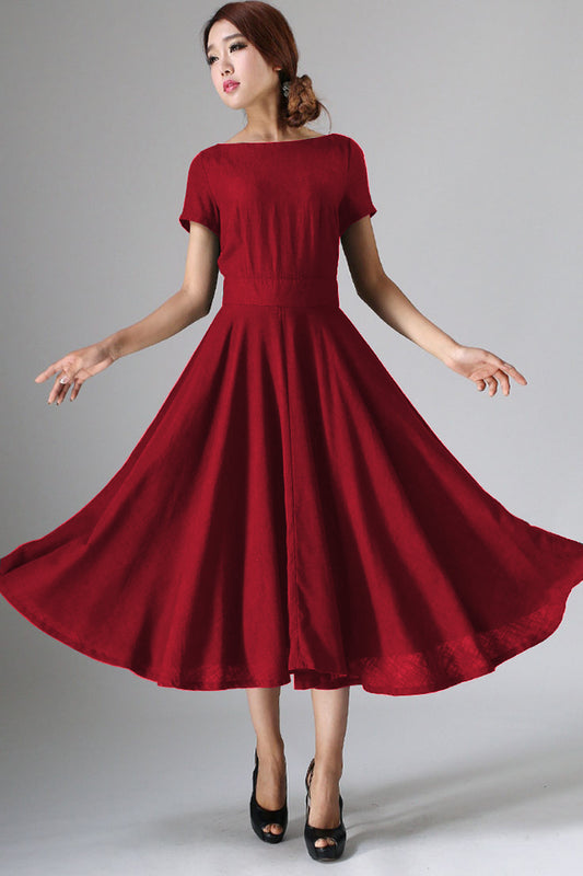 Xiaolizi Red Linen Midi Dress – Vintage Boat Neck Fit and Flare Dress 6284