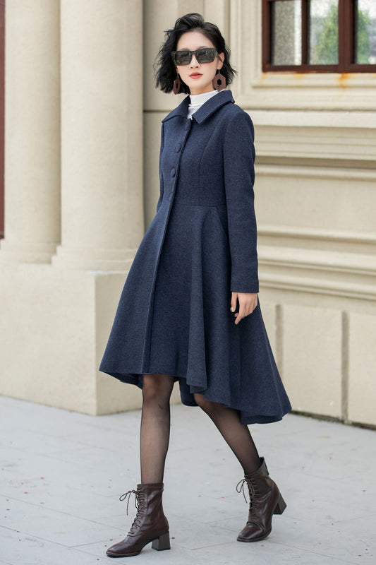 Navy Blue Wool Coat – Vintage Winter Cape Overcoat with High-Low Hem 5352