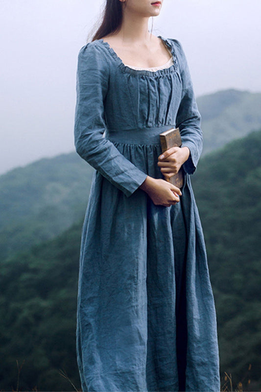 A line long sleeves spring linen dress HY0036