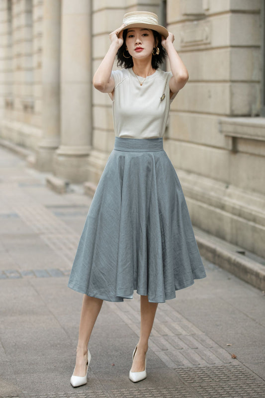 Handmade Linen Circle Skirt – High Waist Pleated Midi Skirt for Spring Summer 6711