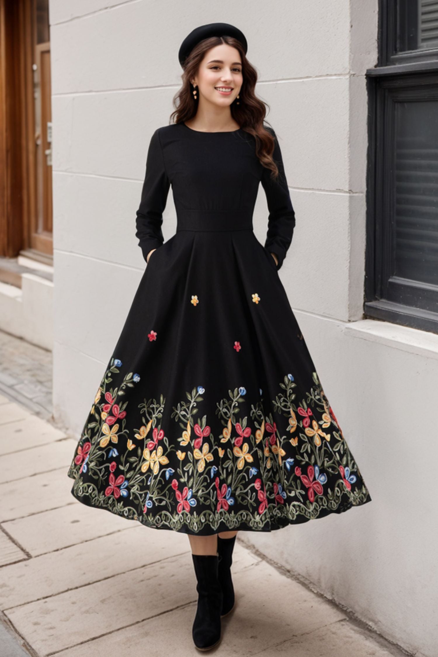 Retro Black Wool Fit & Flare Midi Dress Floral Embroidery 5269 Xiaolizi Retro Black Wool Fit & Flare Midi Dress Floral Embroidery 5269 Xiaolizi
