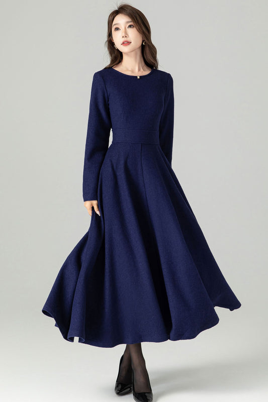 Navy Blue Wool Blend Midi Dress – Handmade Fit & Flare Winter Elegance 4493