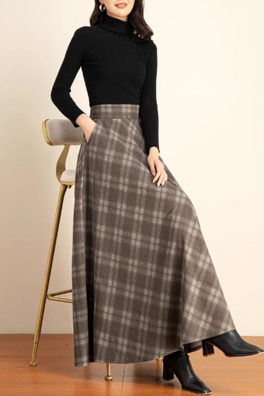 Vintage A-line wool skirt in brown and beige plaid pattern