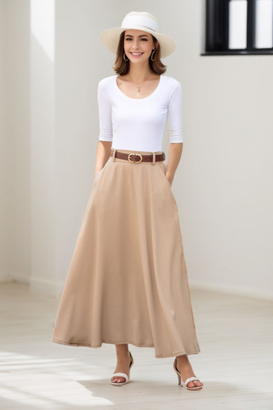 Handmade Women's Beige High-Waisted Linen Maxi Skirt 2780