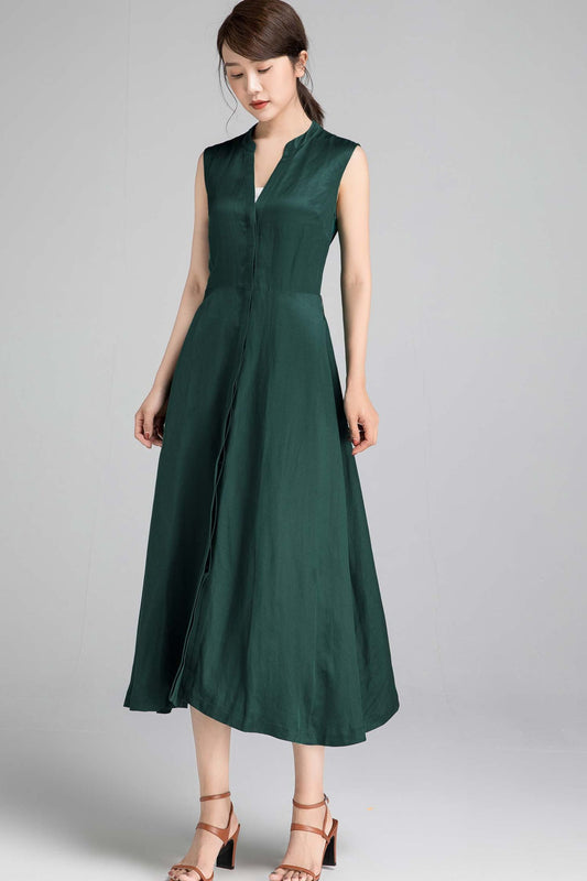 Green Linen Sleeveless Maxi Dress - A-Line with Self-Tie Belt 2333