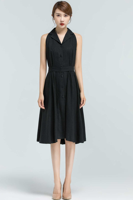 Handmade Black Linen Midi Dress – Button Down Sleeveless Fit and Flare | Xiaolizi 2135