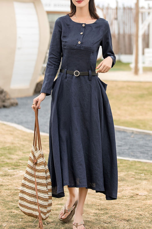 Blue Linen Maxi Dress - Long Sleeve with Pockets 2860