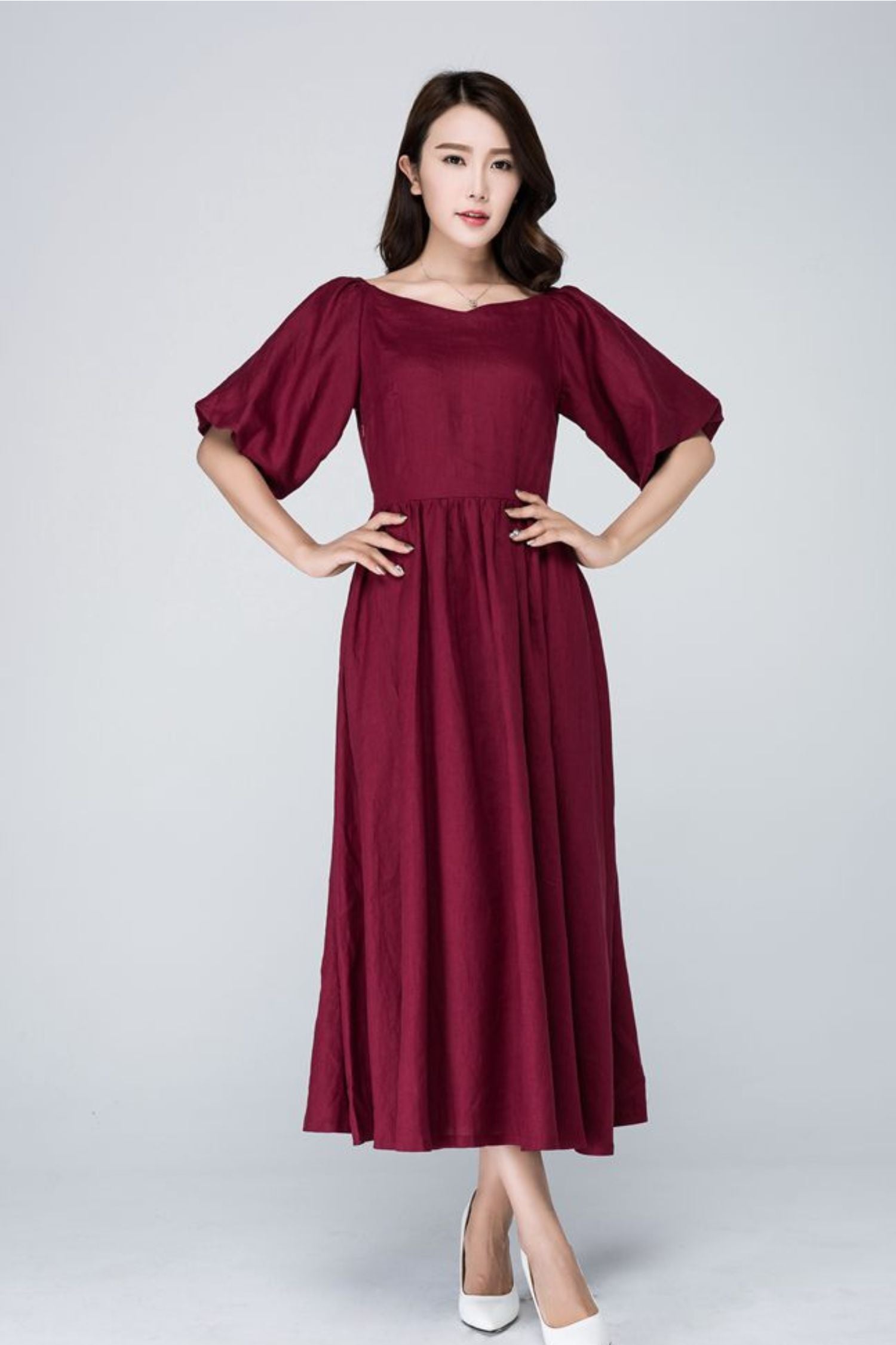 Burgundy midi summer womens linen dress 1573 Xiaolizi Burgundy midi summer womens linen dress 1573 Xiaolizi