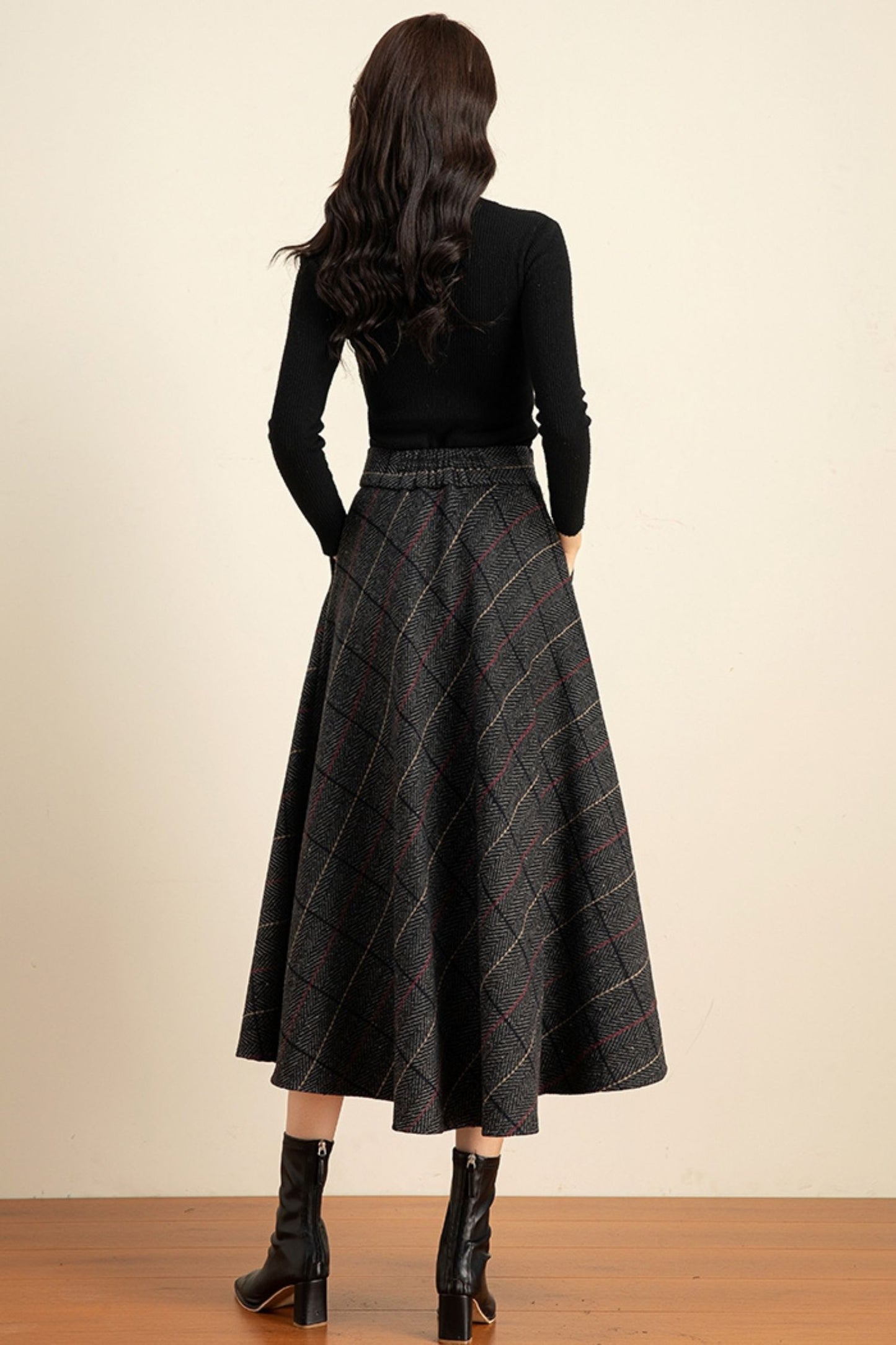 Plaid midi winter wool skirt women 6211