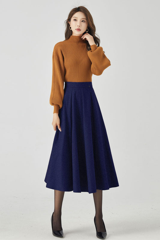 Navy Wool High-Waisted Circle Skirt - Elegant Flowy Silhouette 5443