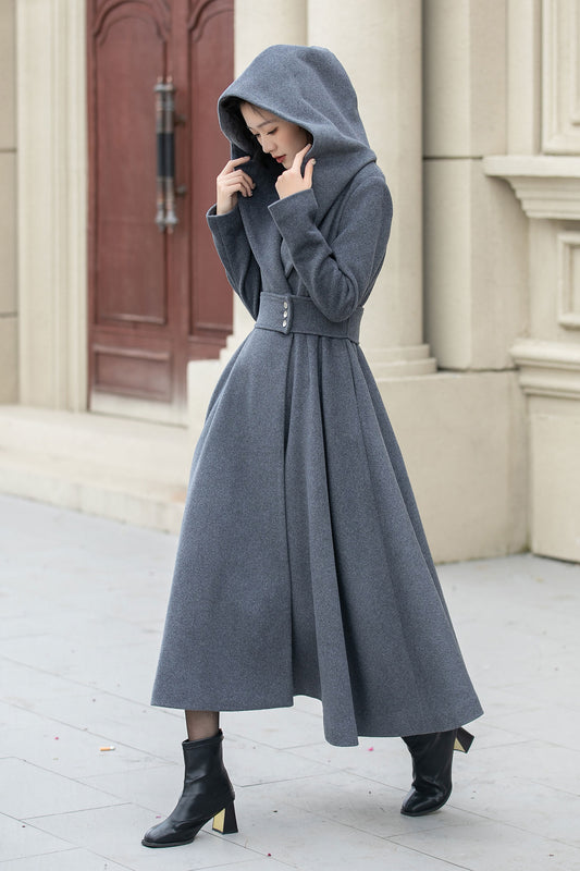 Handmade Gray Hooded Long Wool Coat for Women – Elegant Winter Fashion 5344