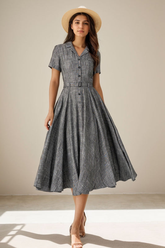 Linen Shirt Dress in Gray – Elegant Belted Swing Midi 5128