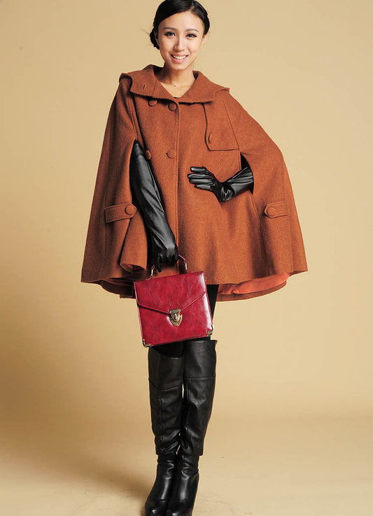 Vintage Wool Blend Cape – Brown Hooded Poncho Coat with Pockets | Xiaolizi 0390