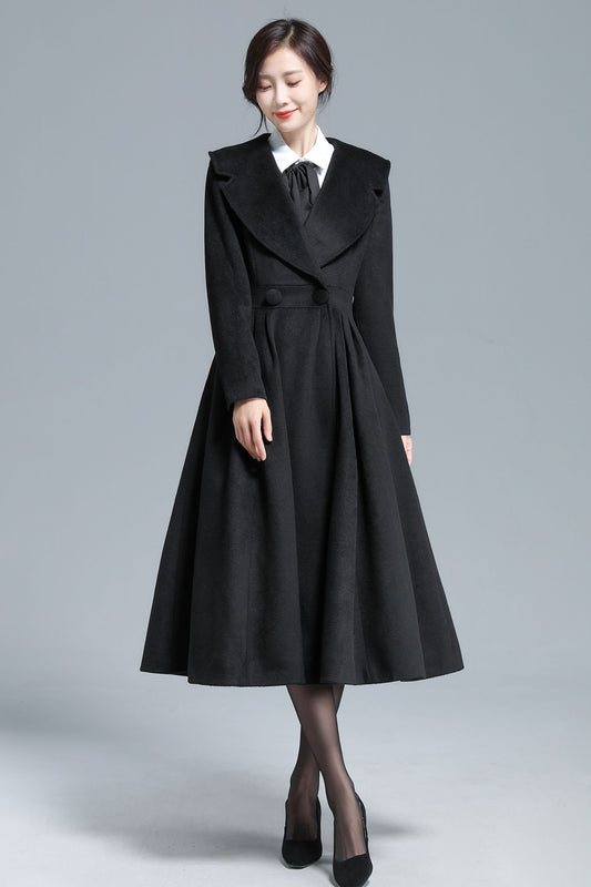 Vintage Black Wool Blend Coat – Elegant Double-Breasted Fit & Flare Maxi Coat | Xiaolizi 3130