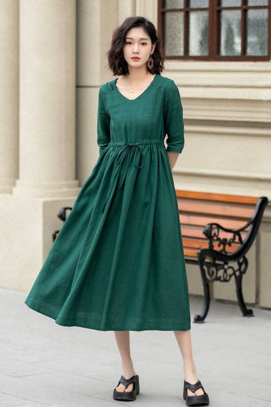 Green Linen Midi Dress - Drawstring Waist, Elbow Sleeve 4969