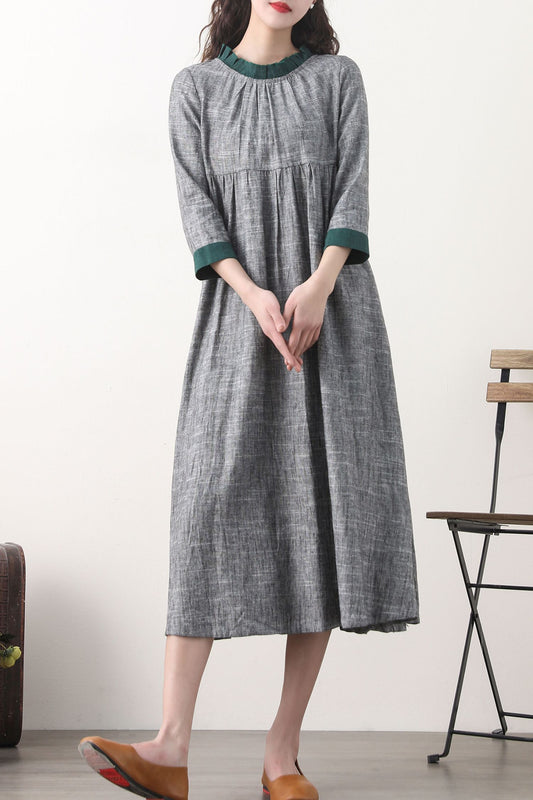 Loose fitting patchwork gray linen dress 2578
