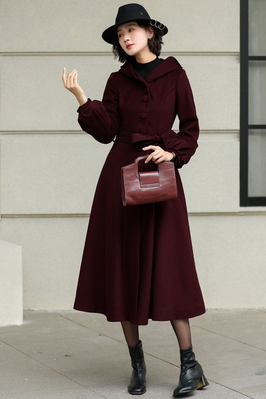 Handmade Wool Blend Coat – Lantern Sleeve Hooded Winter Coat 6532