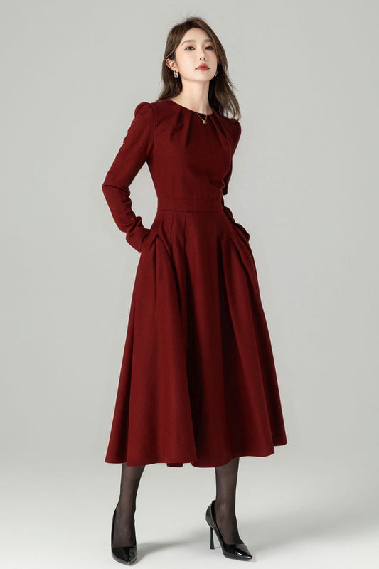Elegant Wool Midi Dress Burgundy – Pleated Skirt & Tailored Fit – 5229