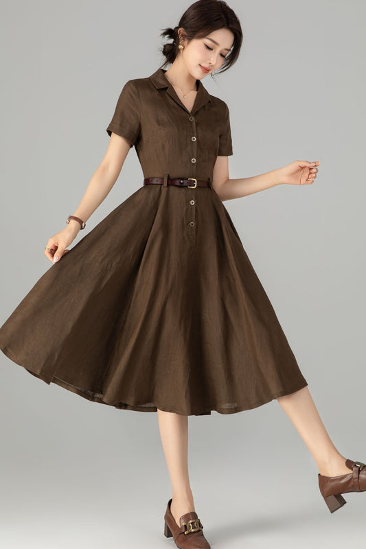 Retro Coffee Linen Dress – Short Sleeve Shirt Midi Dress 5711
