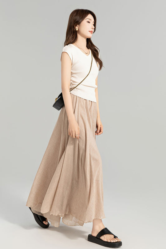 Beige Linen Maxi Skirt - Flowy Circle Silhouette with Elastic Waistband 4959