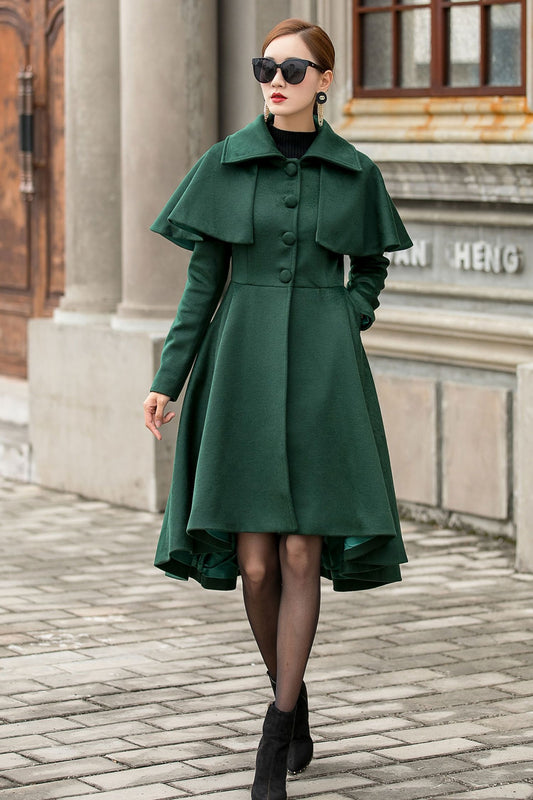 Green Wool Cape Coat – Vintage Swing Overcoat with Detachable Capelet 3143