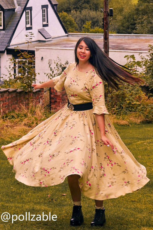 Floral Linen Cotton Maxi Dress - Pleated Waist Elbow Sleeves | Xiaolizi 3157