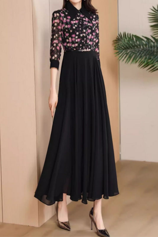 Black Polyester Maxi Dress - Floral Print, Fitted Waist 5061