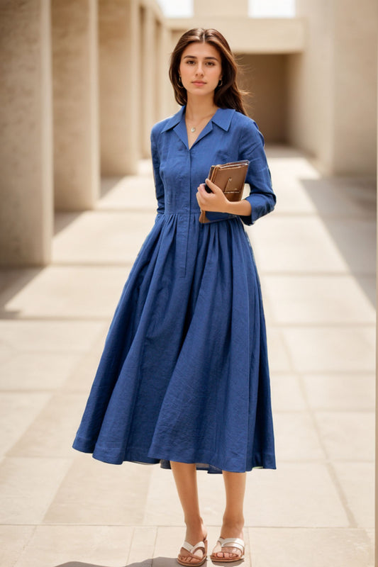 Fit and flare blue linen shirt dress women 5117