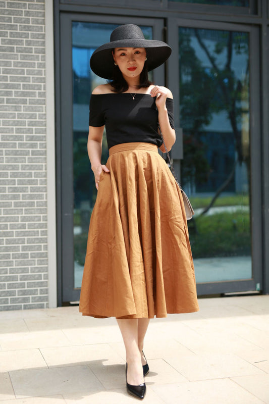 Handmade Camel Linen Midi Skirt – High Waist A-Line Flared Skirt | Xiaolizi 2194