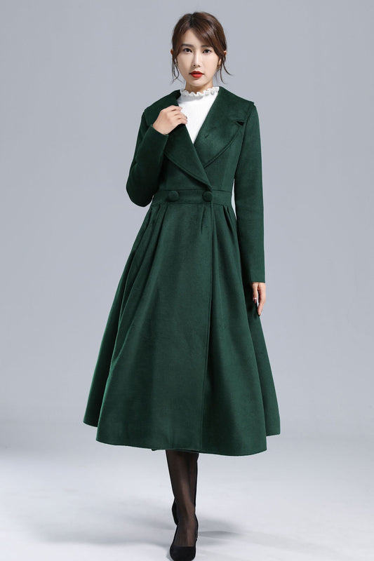 Vintage Princess Wool Coat – Handmade Dark Green Pleated Long Overcoat | Xiaolizi 3242