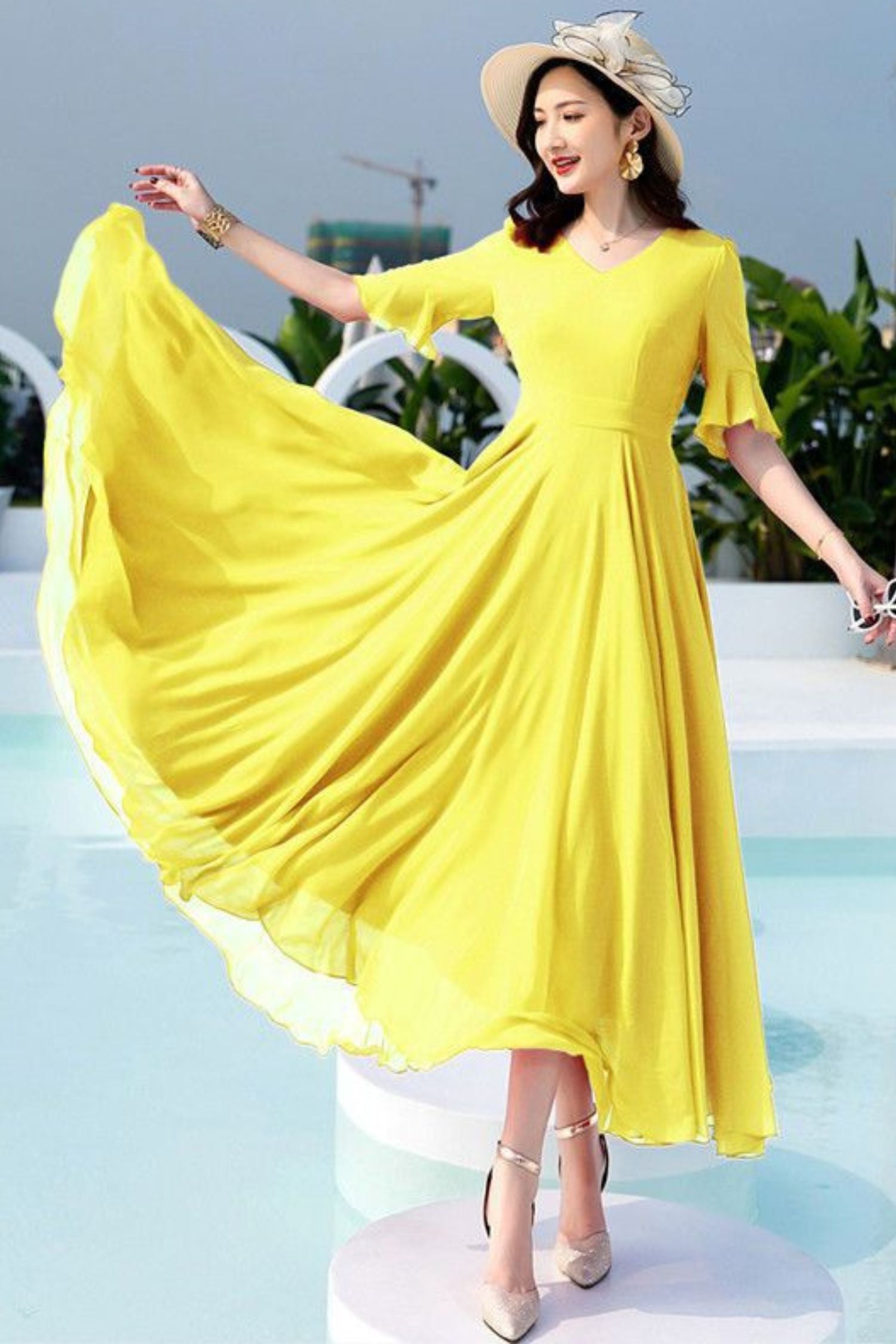 Chiffon Maxi Swing Dress | V-Neck Ruffle Sleeve Prom Dress - Xiaolizi Chiffon Maxi Swing Dress | V-Neck Ruffle Sleeve Prom Dress - Xiaolizi