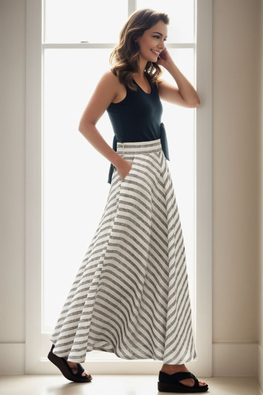 Maxi a line stripled summer linen skirt 5120