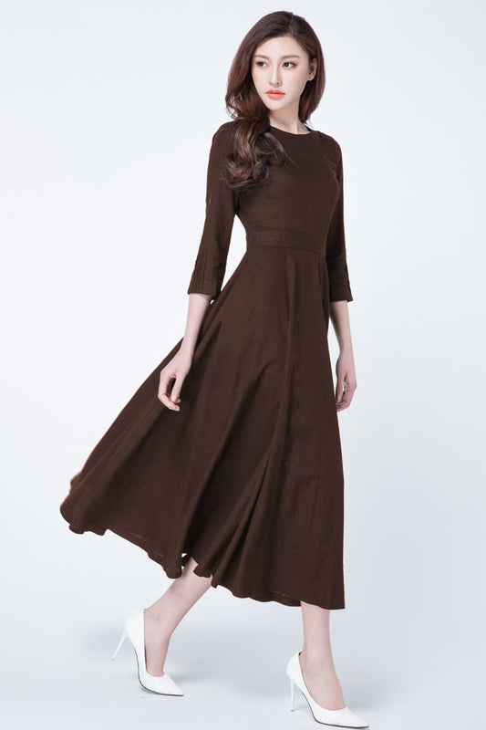 Brown Linen Midi Dress – Fit and Flare 3/4 Sleeve Dress with Pockets 6315