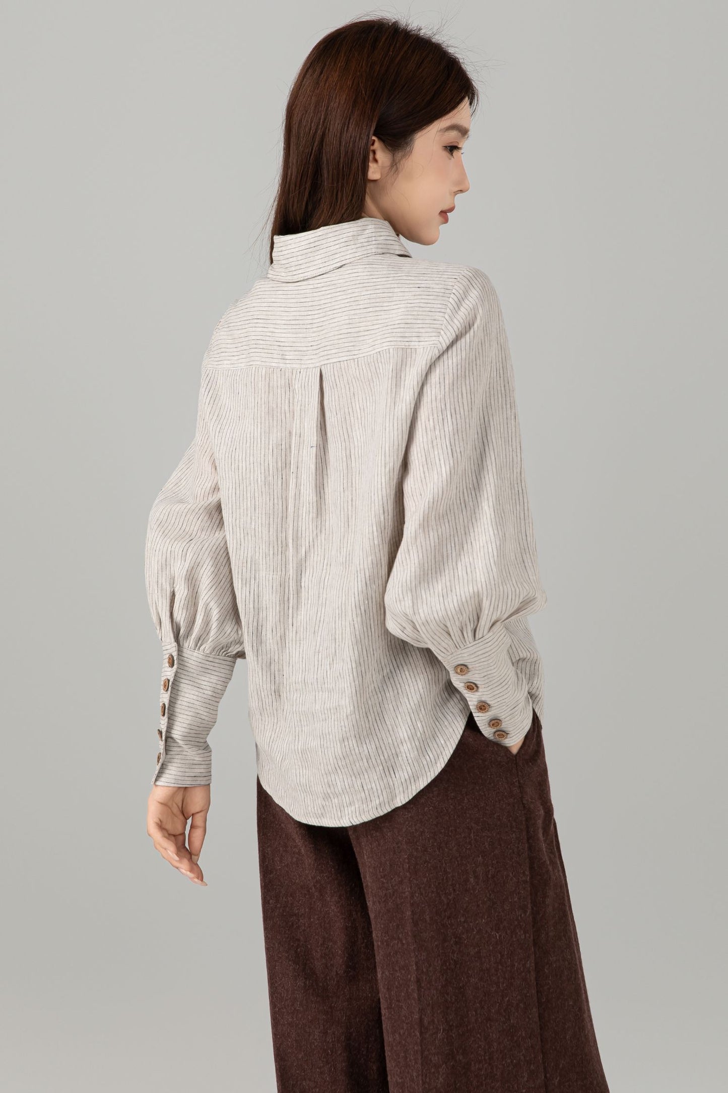 Striped Linen Shirt - Puff Sleeve Button Front | Xiaolizi 6544