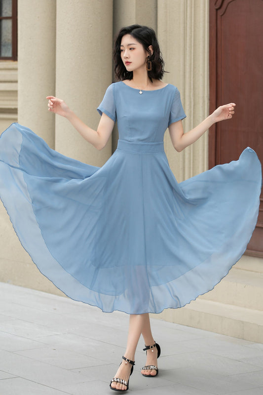 Blue Chiffon Midi Dress – Handmade Vintage Fit and Flare Swing Dress for Summer Weddings 5115